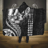 Hawaiian Sea Turtle Hooded Blanket Black Hibiscus Flowers and Kakau Pattern