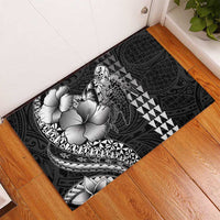 Hawaiian Sea Turtle Rubber Doormat Black Hibiscus Flowers and Kakau Pattern