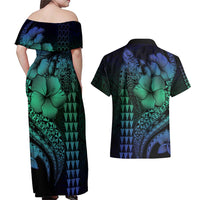 Hawaiian Sea Turtle Couples Matching Off Shoulder Maxi Dress and Hawaiian Shirt Blue Hibiscus Flowers and Kakau Pattern