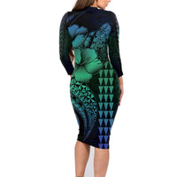 Hawaiian Sea Turtle Family Matching Long Sleeve Bodycon Dress and Hawaiian Shirt Blue Hibiscus Flowers and Kakau Pattern