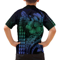 Hawaiian Sea Turtle Family Matching Off Shoulder Maxi Dress and Hawaiian Shirt Blue Hibiscus Flowers and Kakau Pattern