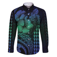 Hawaiian Sea Turtle Family Matching Off Shoulder Short Dress and Hawaiian Shirt Blue Hibiscus Flowers and Kakau Pattern