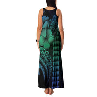 Hawaiian Sea Turtle Family Matching Tank Maxi Dress and Hawaiian Shirt Blue Hibiscus Flowers and Kakau Pattern