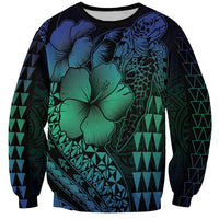 Hawaiian Sea Turtle Sweatshirt Blue Hibiscus Flowers and Kakau Pattern