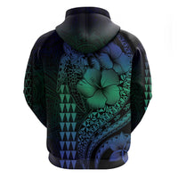 Hawaiian Sea Turtle Zip Hoodie Blue Hibiscus Flowers and Kakau Pattern LT9 - Polynesian Pride