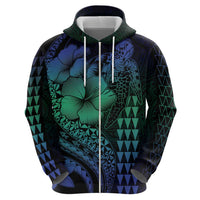 Hawaiian Sea Turtle Zip Hoodie Blue Hibiscus Flowers and Kakau Pattern LT9 - Polynesian Pride