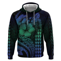 Hawaiian Sea Turtle Zip Hoodie Blue Hibiscus Flowers and Kakau Pattern LT9 Pullover Hoodie Blue - Polynesian Pride