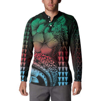 Hawaiian Sea Turtle Button Sweatshirt Green Hibiscus Flowers and Kakau Pattern