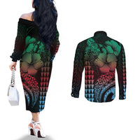 Hawaiian Sea Turtle Couples Matching Off The Shoulder Long Sleeve Dress and Long Sleeve Button Shirt Green Hibiscus Flowers and Kakau Pattern