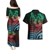 Hawaiian Sea Turtle Couples Matching Puletasi and Hawaiian Shirt Green Hibiscus Flowers and Kakau Pattern