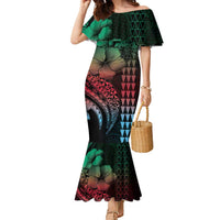 Hawaiian Sea Turtle Family Matching Mermaid Dress and Hawaiian Shirt Green Hibiscus Flowers and Kakau Pattern