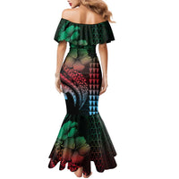 Hawaiian Sea Turtle Family Matching Mermaid Dress and Hawaiian Shirt Green Hibiscus Flowers and Kakau Pattern