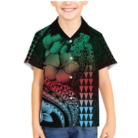 Hawaiian Sea Turtle Family Matching Mermaid Dress and Hawaiian Shirt Green Hibiscus Flowers and Kakau Pattern