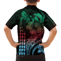 Hawaiian Sea Turtle Family Matching Off Shoulder Short Dress and Hawaiian Shirt Green Hibiscus Flowers and Kakau Pattern