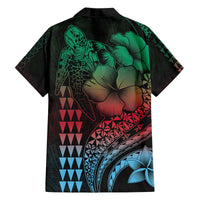 Hawaiian Sea Turtle Family Matching Off Shoulder Short Dress and Hawaiian Shirt Green Hibiscus Flowers and Kakau Pattern