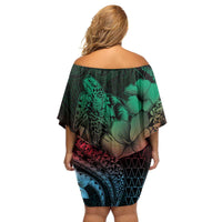 Hawaiian Sea Turtle Family Matching Off Shoulder Short Dress and Hawaiian Shirt Green Hibiscus Flowers and Kakau Pattern