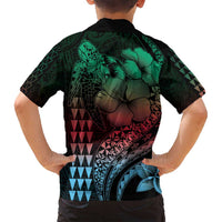 Hawaiian Sea Turtle Family Matching Tank Maxi Dress and Hawaiian Shirt Green Hibiscus Flowers and Kakau Pattern