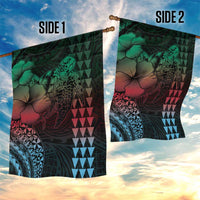 Hawaiian Sea Turtle Garden Flag Green Hibiscus Flowers and Kakau Pattern