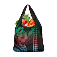 Hawaiian Sea Turtle Grocery Bag Green Hibiscus Flowers and Kakau Pattern
