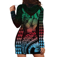 Hawaiian Sea Turtle Hoodie Dress Green Hibiscus Flowers and Kakau Pattern