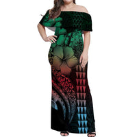 Hawaiian Sea Turtle Off Shoulder Maxi Dress Green Hibiscus Flowers and Kakau Pattern
