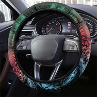 Hawaiian Sea Turtle Steering Wheel Cover Green Hibiscus Flowers and Kakau Pattern LT9 - Polynesian Pride