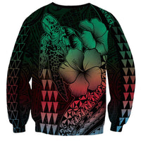 Hawaiian Sea Turtle Sweatshirt Green Hibiscus Flowers and Kakau Pattern