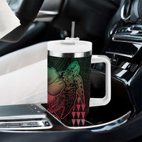 Hawaiian Sea Turtle Tumbler With Handle Green Hibiscus Flowers and Kakau Pattern
