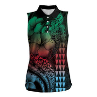 Hawaiian Sea Turtle Women Sleeveless Polo Shirt Green Hibiscus Flowers and Kakau Pattern