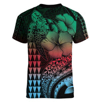 Hawaiian Sea Turtle Women V-Neck T-Shirt Green Hibiscus Flowers and Kakau Pattern