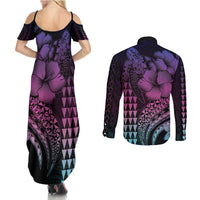 Hawaiian Sea Turtle Couples Matching Summer Maxi Dress and Long Sleeve Button Shirt Pink Hibiscus Flowers and Kakau Pattern