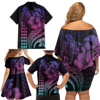 Hawaiian Sea Turtle Family Matching Off Shoulder Short Dress and Hawaiian Shirt Pink Hibiscus Flowers and Kakau Pattern