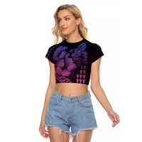 Hawaiian Sea Turtle Raglan Cropped T Shirt Pink Hibiscus Flowers and Kakau Pattern