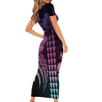 Hawaiian Sea Turtle Short Sleeve Bodycon Dress Pink Hibiscus Flowers and Kakau Pattern