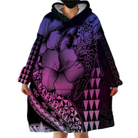 Hawaiian Sea Turtle Wearable Blanket Hoodie Pink Hibiscus Flowers and Kakau Pattern LT9 - Polynesian Pride