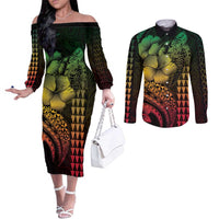 Hawaiian Sea Turtle Couples Matching Off The Shoulder Long Sleeve Dress and Long Sleeve Button Shirt Reggae Hibiscus Flowers and Kakau Pattern