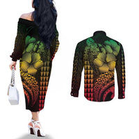 Hawaiian Sea Turtle Couples Matching Off The Shoulder Long Sleeve Dress and Long Sleeve Button Shirt Reggae Hibiscus Flowers and Kakau Pattern