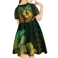 Hawaiian Sea Turtle Kid Short Sleeve Dress Reggae Hibiscus Flowers and Kakau Pattern