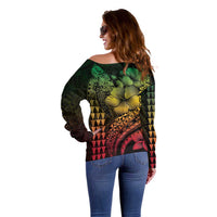 Hawaiian Sea Turtle Off Shoulder Sweater Reggae Hibiscus Flowers and Kakau Pattern