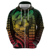 Hawaiian Sea Turtle Zip Hoodie Reggae Hibiscus Flowers and Kakau Pattern LT9 - Polynesian Pride