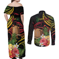 Personalised Tokelau Tropical Flowers Couples Matching Off Shoulder Maxi Dress and Long Sleeve Button Shirt Reggae Polynesian Art Vibe