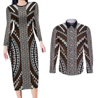 Brown Tongan Polynesian Tribal Couples Matching Long Sleeve Bodycon Dress and Long Sleeve Button Shirt - Polynesian Pride