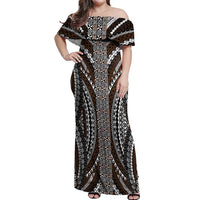 Brown Tongan Polynesian Tribal Off Shoulder Maxi Dress - Polynesian Pride