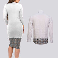 Light Gray Tongan Polynesian Tribal Couples Matching Long Sleeve Bodycon Dress and Long Sleeve Button Shirt - Polynesian Pride