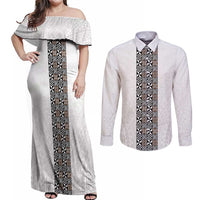 Light Gray Tongan Polynesian Tribal Couples Matching Off Shoulder Maxi Dress and Long Sleeve Button Shirt - Polynesian Pride