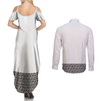 Light Gray Tongan Polynesian Tribal Couples Matching Summer Maxi Dress and Long Sleeve Button Shirt - Polynesian Pride