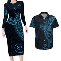Black Blue Polynesian Tribal Couples Matching Long Sleeve Bodycon Dress and Hawaiian Shirt - Polynesian Pride