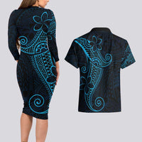 Black Blue Polynesian Tribal Couples Matching Long Sleeve Bodycon Dress and Hawaiian Shirt - Polynesian Pride