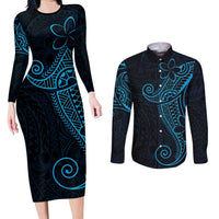 Black Blue Polynesian Tribal Couples Matching Long Sleeve Bodycon Dress and Long Sleeve Button Shirt - Polynesian Pride