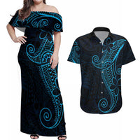Black Blue Polynesian Tribal Couples Matching Off Shoulder Maxi Dress and Hawaiian Shirt - Polynesian Pride